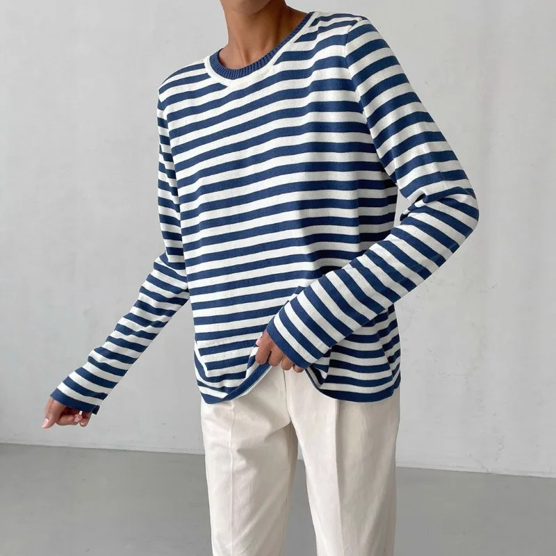 

Warm Sweater for Women New 2025 Autumn Winter Loose Casual Thick Pullovers Female Long-sleeved Round Neck Knitted Stripe Tops