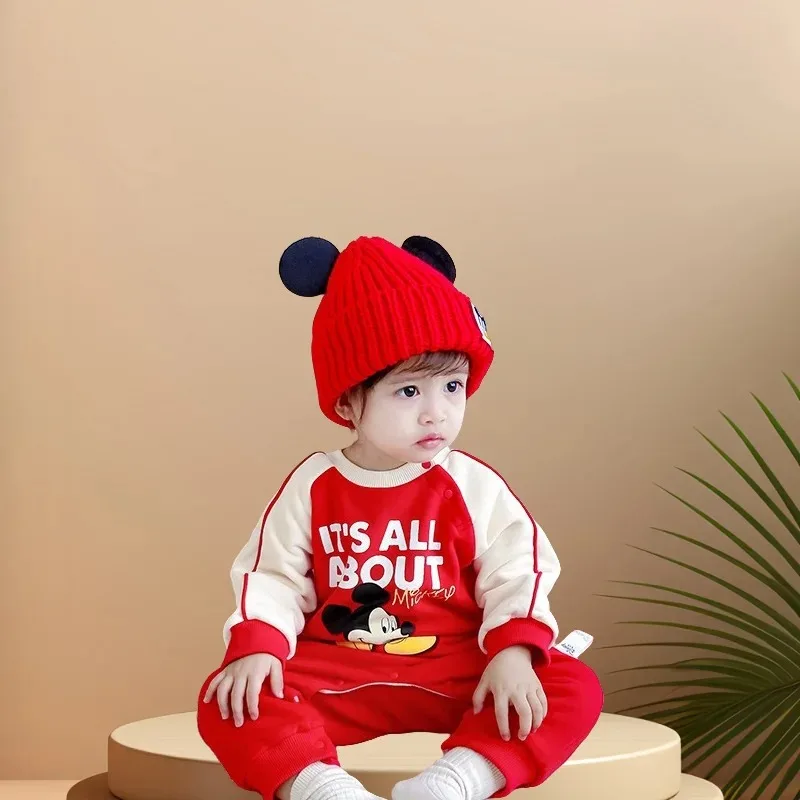 ディズニー赤ちゃん男の子冬ストライプロンパースカバーオール幼児服暖かい厚みのある新生児0-1歳ボディスーツソフトウェア