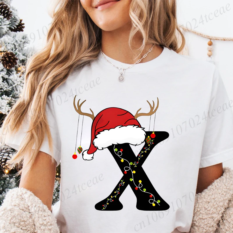 T-Shirt Women Christmas 26 Alphabet Print Fashion Merry Family Matching Female Clothing Casual Xmas Party Tees Short Sleeve Top