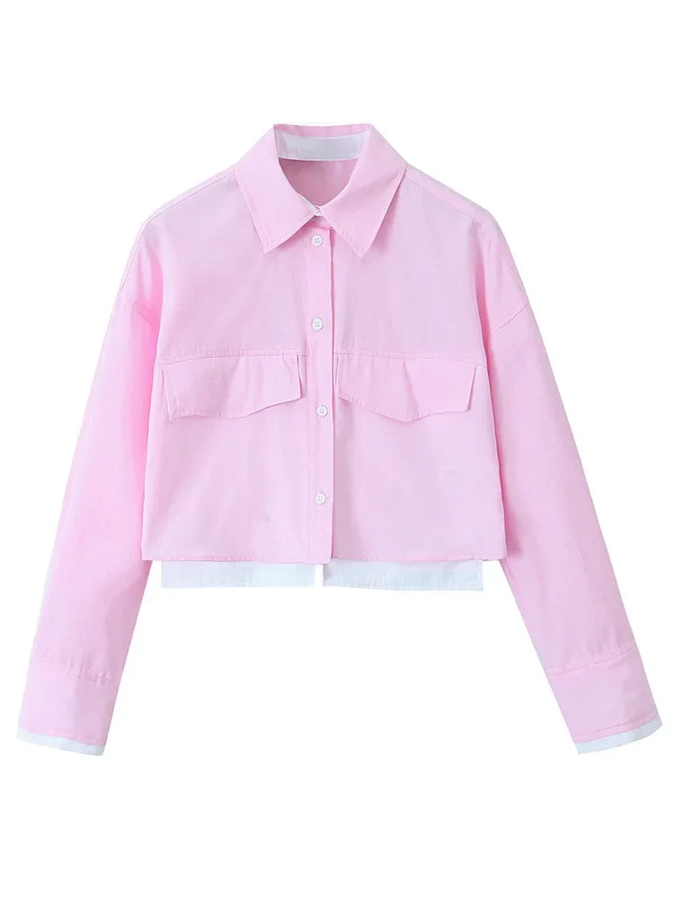 TRAF Fashion Woman Pink Patchwork Shirt Long Sleeve Cropped Shirts For Ladies Fashion 2024 Streetwear Button Up Blouses Tops