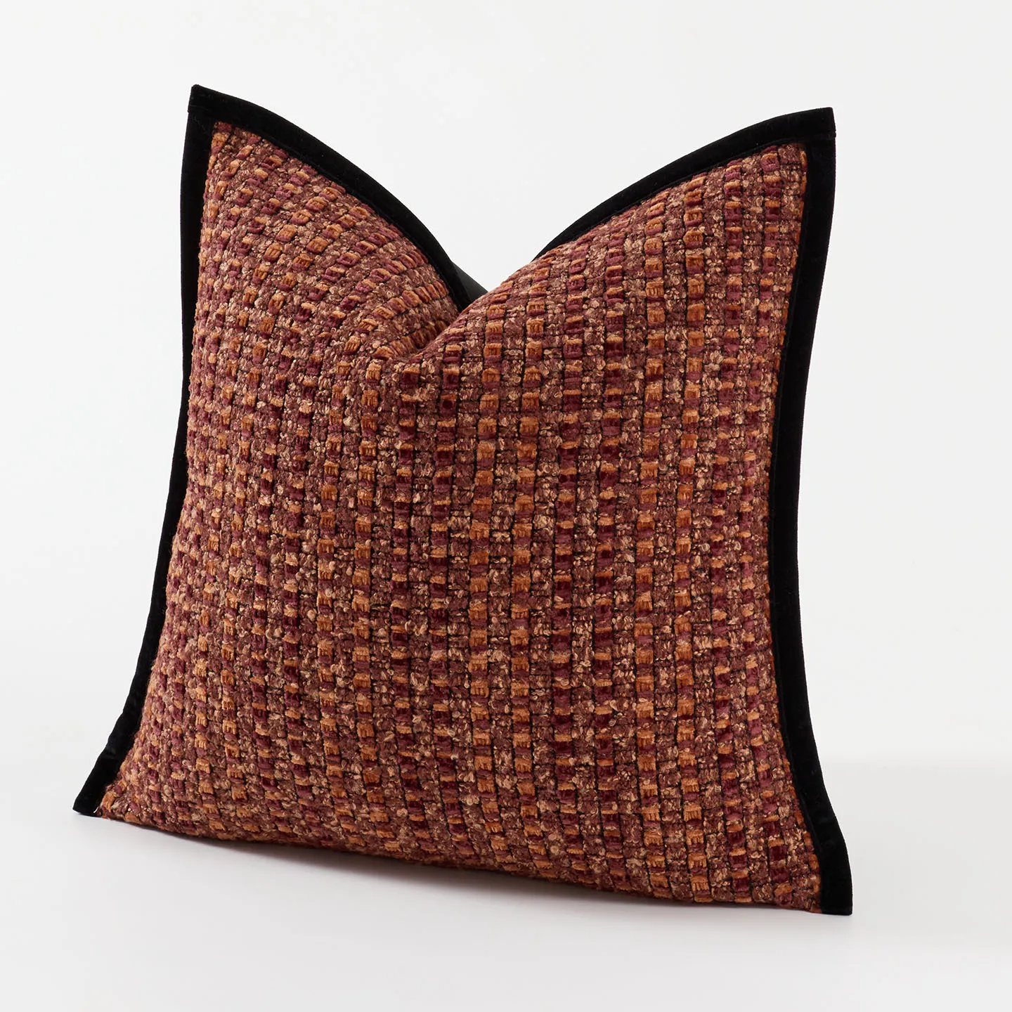 High-End Chenille Cushion Cover Retro Textured Jacquard Pillow Cover Decorative Reddish Brown Throw Pillowcase with Black Border