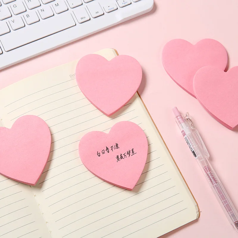 Bloco de notas material escolar luz rosa em forma de coração amor notas pegajosas manuscritas comentários positivos adesivos convenientes atacado