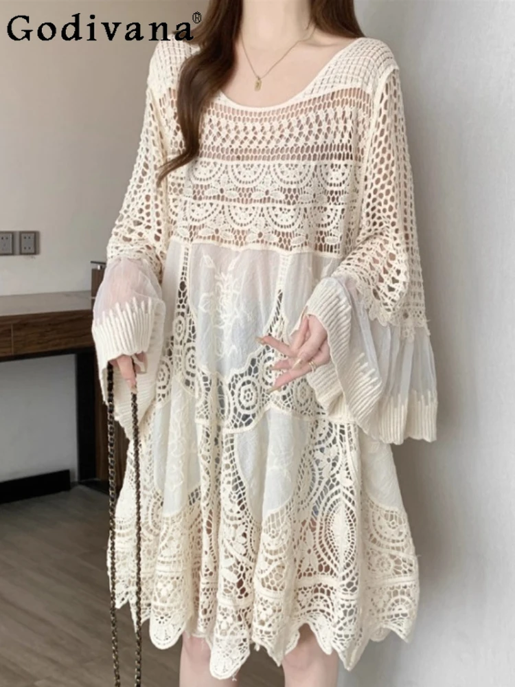 

Женский летний сексуальный тонкий вязаный топ большого размера с расклешенными рукавами, осенний свободный топ с круглым вырезом, абрикосовые модные топы средней длины