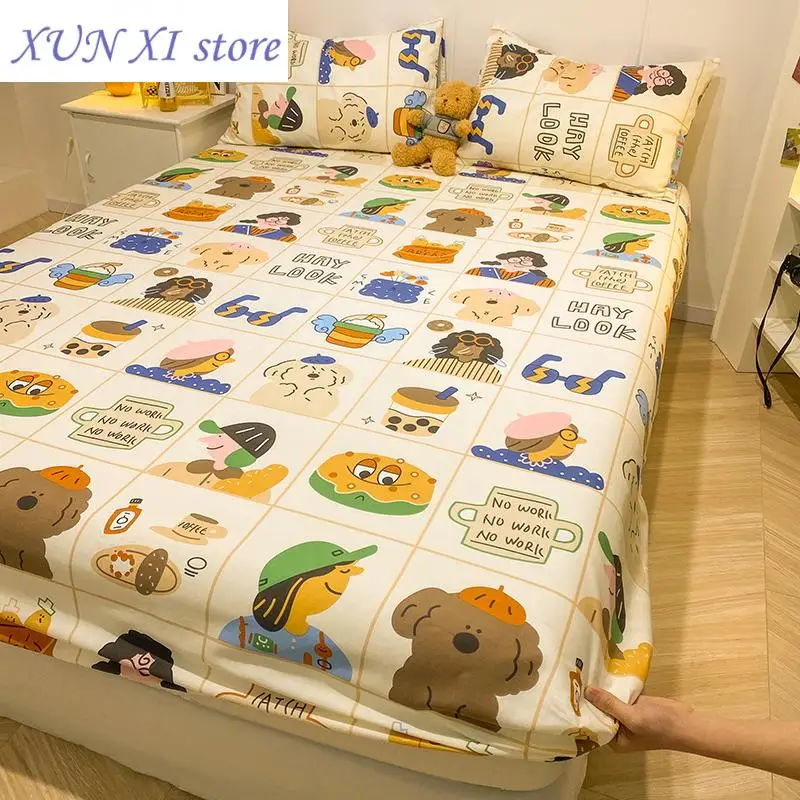 New 1pc Pure Cotton Fitted Bed Sheet With Elastic Cartoon Car Print Bed Cover Single Queen Size Bottom Sheet(No Pillowcase)