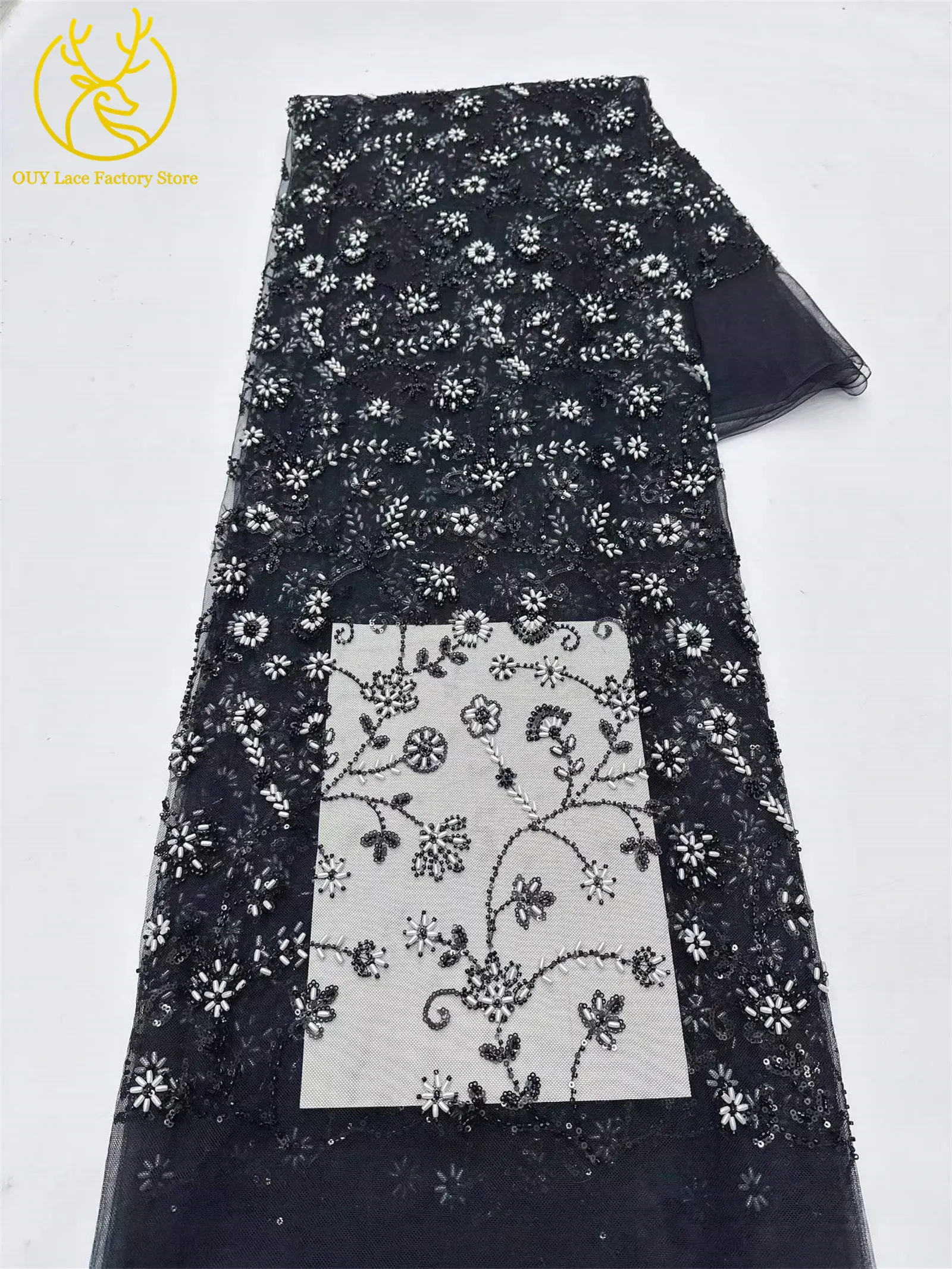 Königsblauer luxuriöser handgefertigter Perlen-Spitzenstoff, 5 Yards, hochwertiger französischer Tüll-Pailletten-Spitzenstoff für Party- und Hochzeitskleider – Detail 27