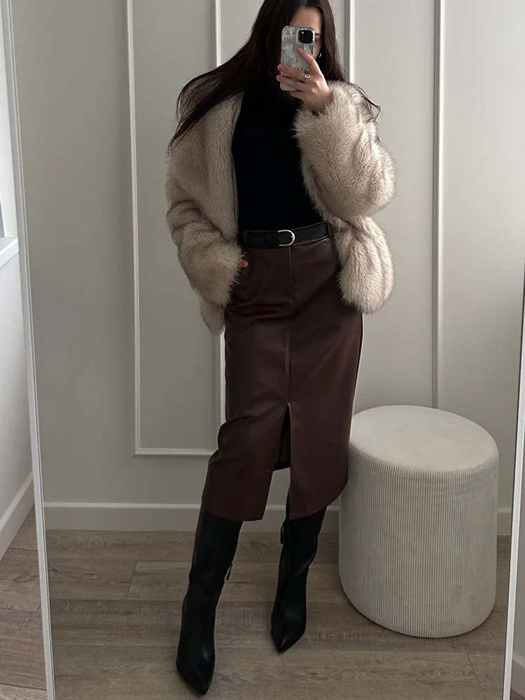 Long Leather Skirts For Women Brown High Quality PU Midi Bodycon Skirt Front Split High Waist Women's Leather Skirt Black Midi