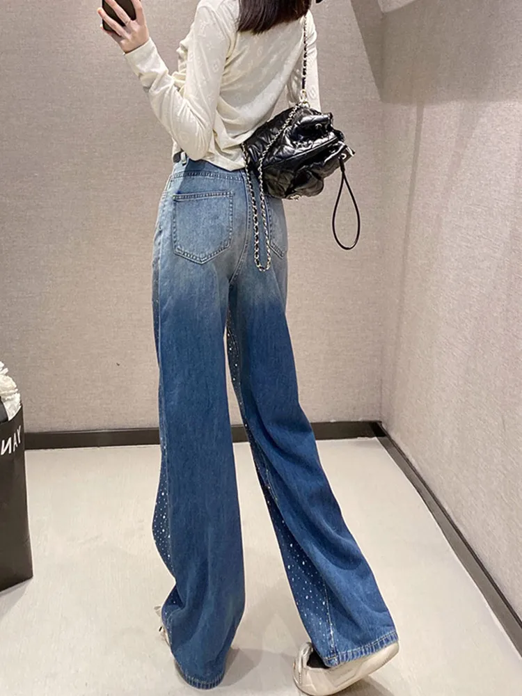 2023 Ropa Y2K Mujer Hot Diamond Vintage Blue Baggy Jeans Pants Women Goth Clothes Straight Korean Fashion Lady Denim Trousers