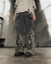 Y2k Street vintage multi-pocket printed cargo pants Men hip hop trend Rock jeans Harajuku Goth punk straight leg pants