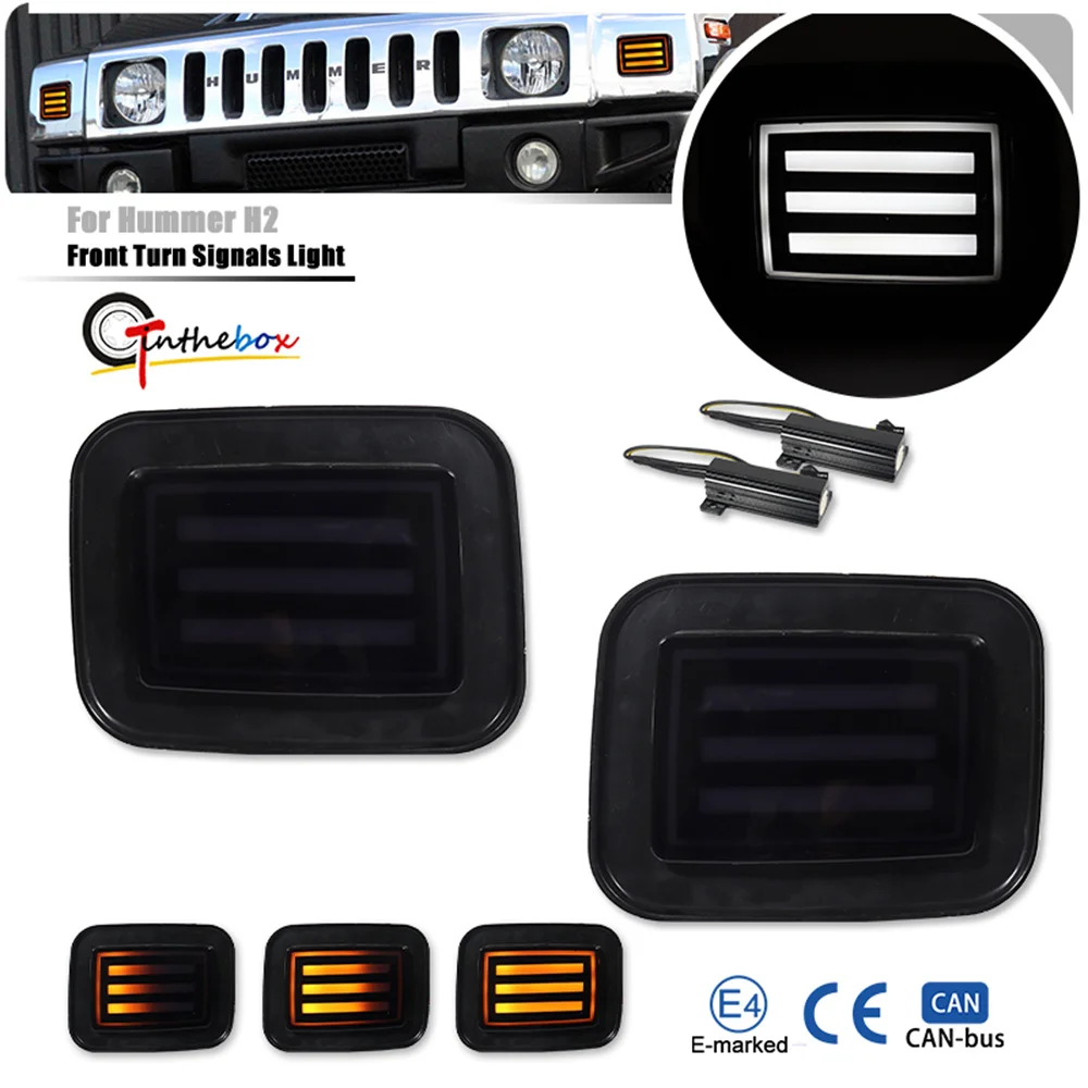 LED âmbar dinâmico com luzes de sinalização dianteiras estilo bandeira dos EUA e luzes de condução/corrida DRL brancas para Hummer H2 SUV SUT 2003-2009