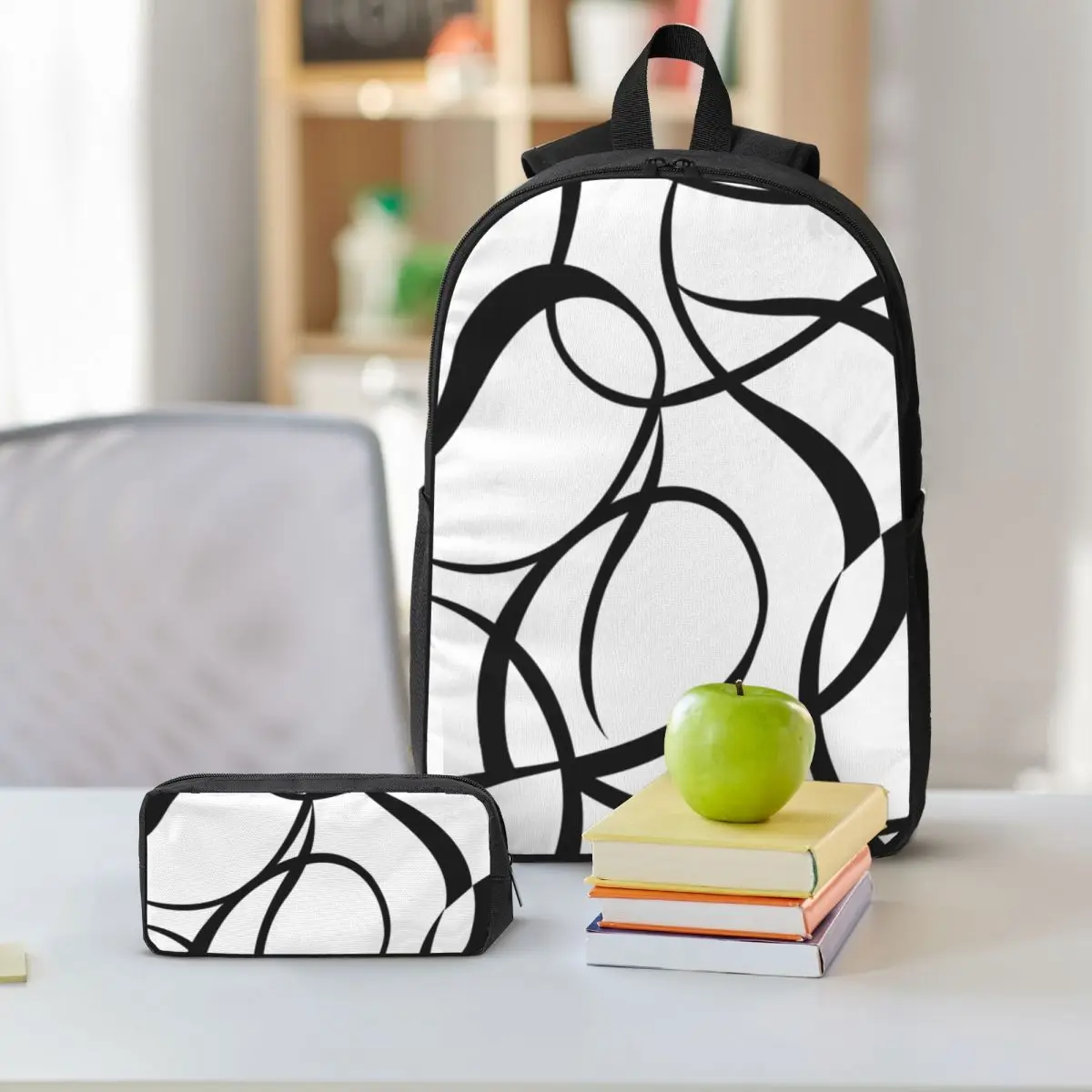 4 Pcs - 45cm 18In - Geometric Abstraction Line Backpack BookBag School Bag Shoulder Bags 3ps Insulated Lunch Bag Pencil Case
