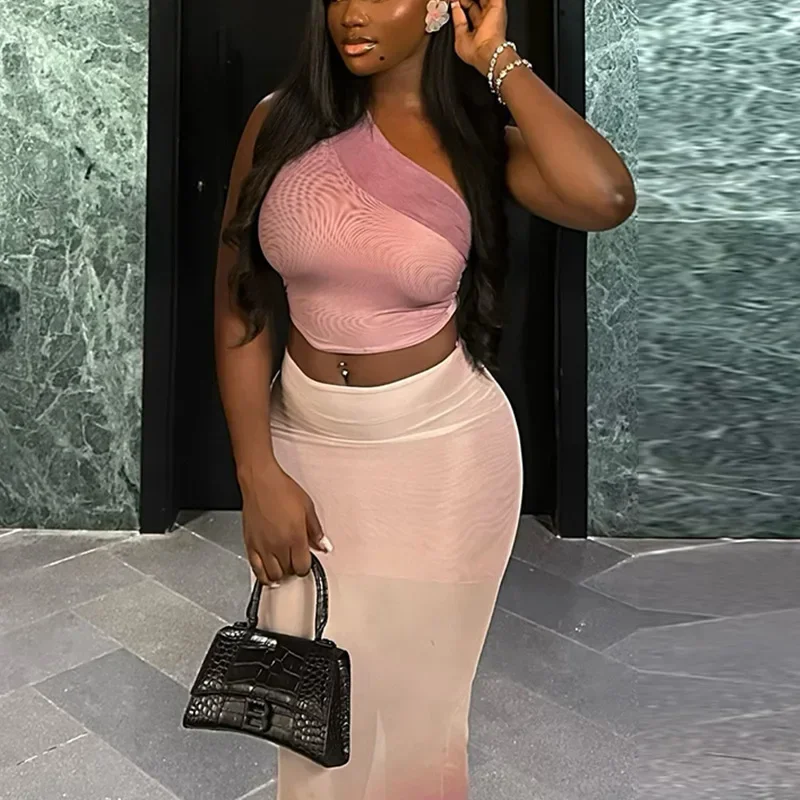 Women Changing Color Mesh Patchwork 2 Piece Set One Shoulder Sleeveless Tanks Crop Top + High Waist Bodycon Maxi Skirts Suits