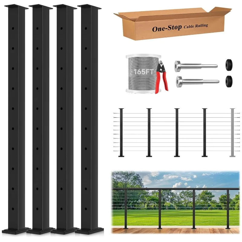 

Cable Railing Post Kit, 4 Pack Fixed Top Level Drilled Line Posts, Cable Railing System Including 4 Railing Posts,