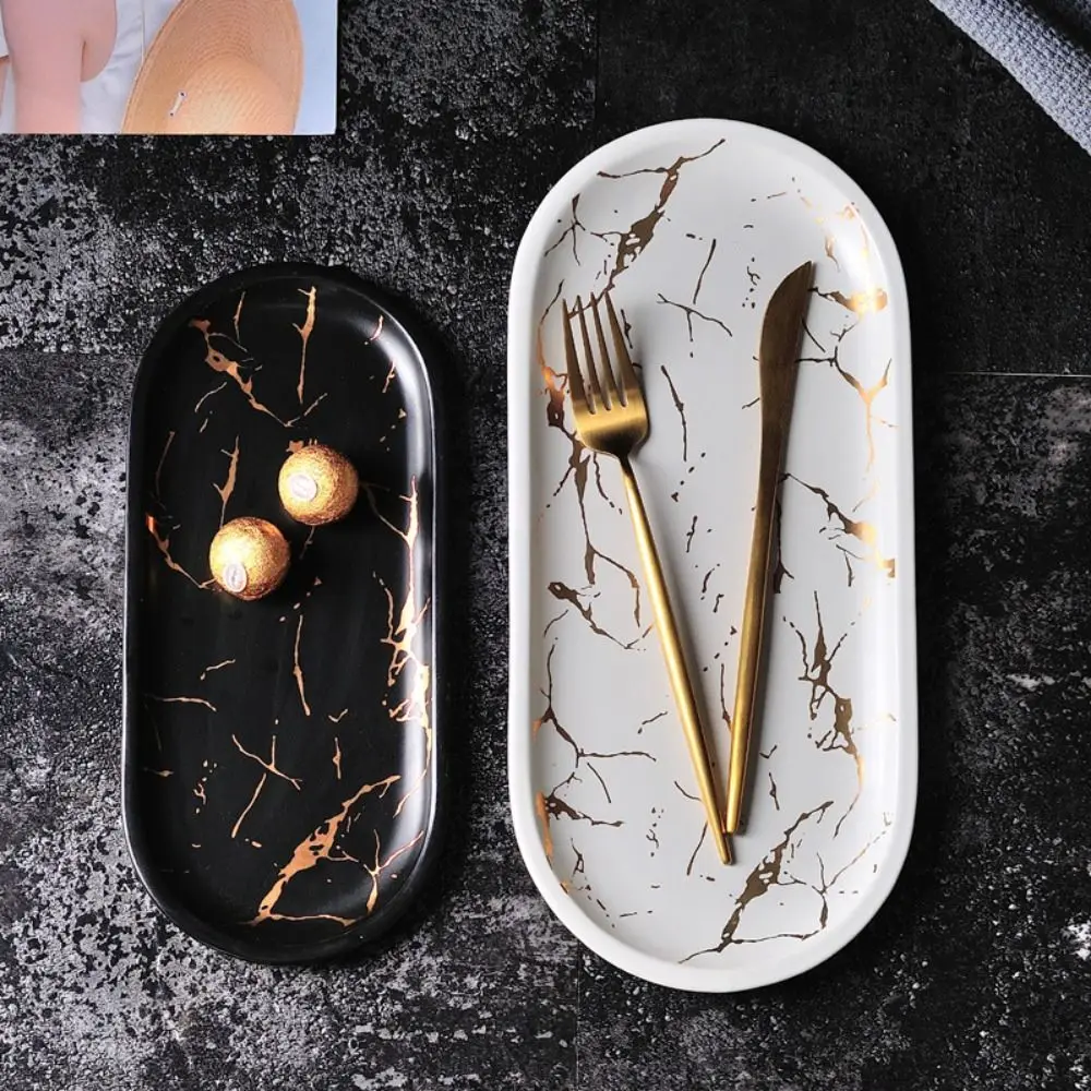 

Marble Texture Nordic Marble Tray Porcelain Material Glazed Golden Pattern Western Dish Luxury Design Oval Shape