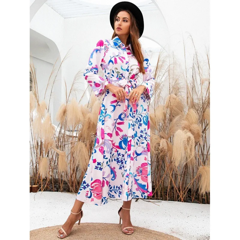 2024 Spring/Summer Women's Printed Long Belt Dress For Women