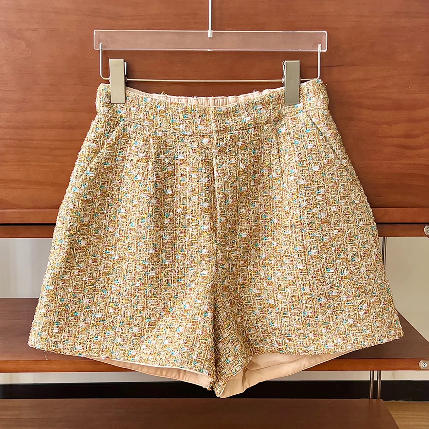 

Women Tweed Shorts 2024 Autumn French Small Fragrant Gold Bright Silk Elastic Waist High Waist Loose Woolen Women's Shorts Pants