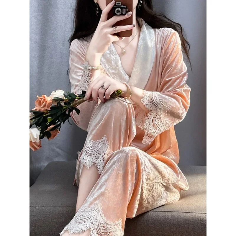 

For Women Autumn and Winter Temperament Home Dress Set Lace Lace Advanced Sense Pajamas Light Luxury Golden Velvet Pajamas