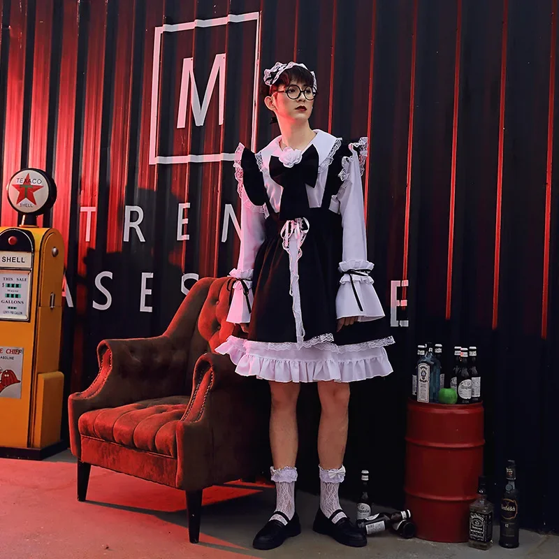 Vestido Lolita Anime Mariquinhas para homens, roupa de empregada doméstica, manga comprida, vermelho, gótico, palco, engraçado, desempenho reverso, Dia das Bruxas