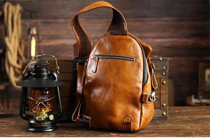 Original vintage designer handmade genuine leather men\'s chest bag fashion luxury outdoor daily real cowhide crossbody bag