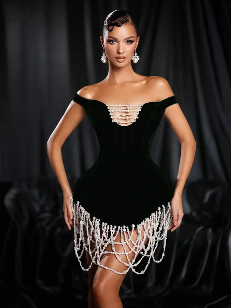 

Женское сексуальное облегающее бандажное платье с открытыми плечами и жемчугом, черное мини-облегающее бандажное платье 2022, элегантное вечернее клубное платье