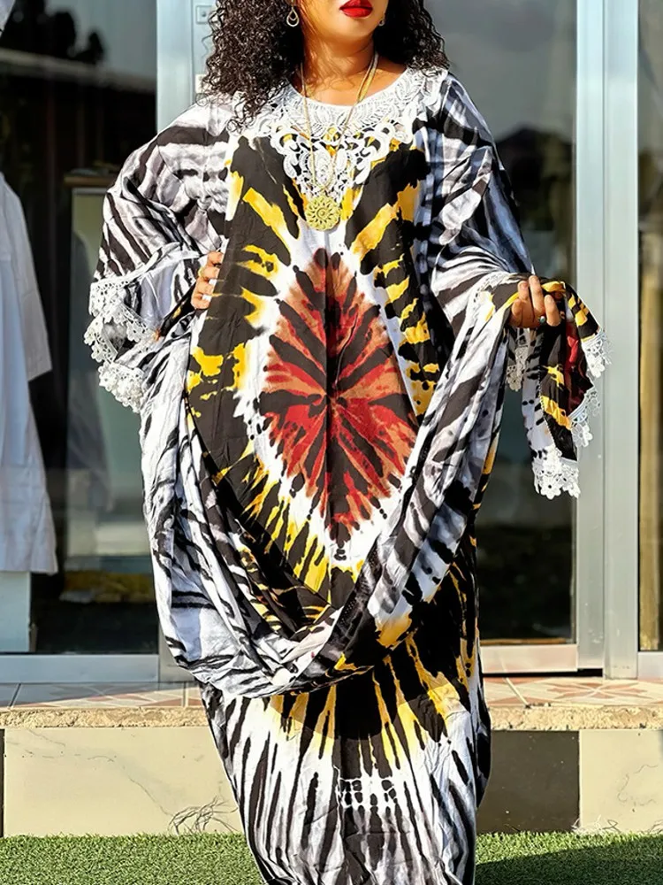 Vestido maxi de renda estampado para mulheres muçulmanas, caftan solto, marocchino, islâmico, vestuário turco, Dubai, Abaya, Dashiki