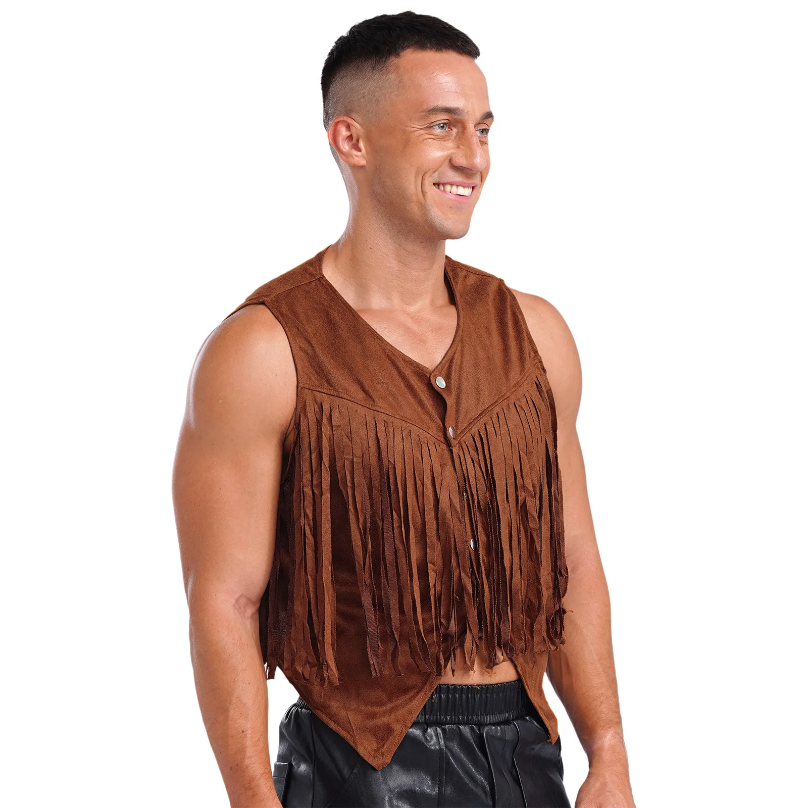 Mens Vintage Fringe Hippie Vest Faux Suede Tassel Waistcoat Irregular Hem Motorcycling Jacket Halloween Western Cowboy Costume