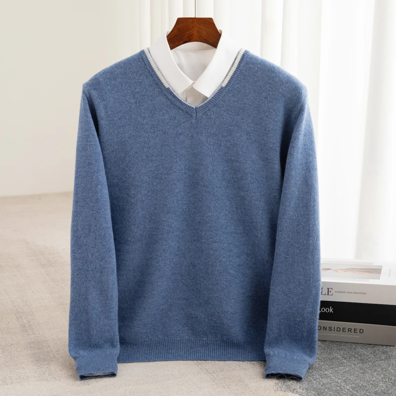 Autumn And Winter 100% Pure Wool Men's Casual Fashion V-neck Pullover Twisted Design Knitted Sweater