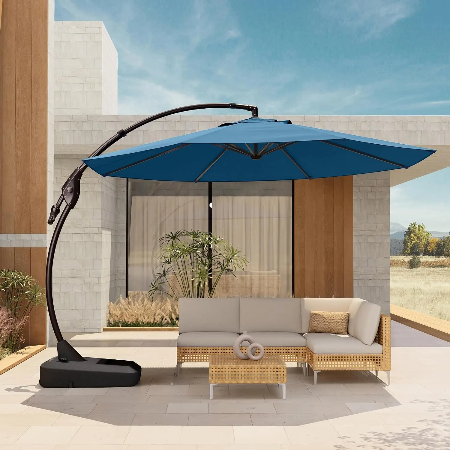 12FT Cantilever Patio Umbrella with Base, UV Resistant Sun Shade for Outdoor Garden Pool, Sapphire Blue, Customized