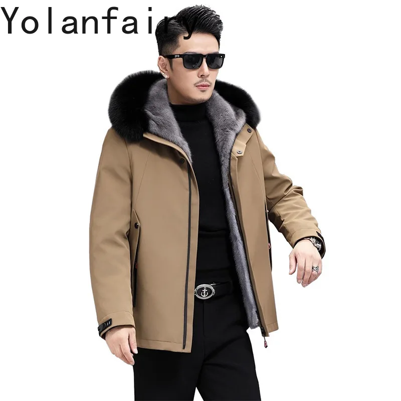 

YOLANFAIRY парка из натурального меха, мужская теплая зимняя съемная куртка с капюшоном из цельного норкового меха, мужские парки с воротником из натурального лисьего меха