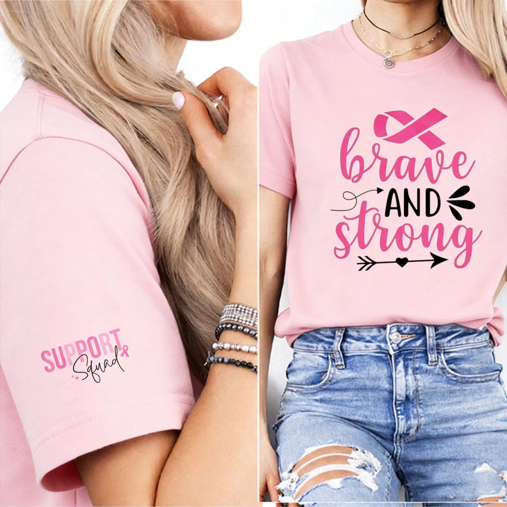 Brave and Strong Letter Print Support Squad Cuff Graphic Pink Ribbon Breast Cancer Awareness Crew Neck Casual Ladies Tee Tops