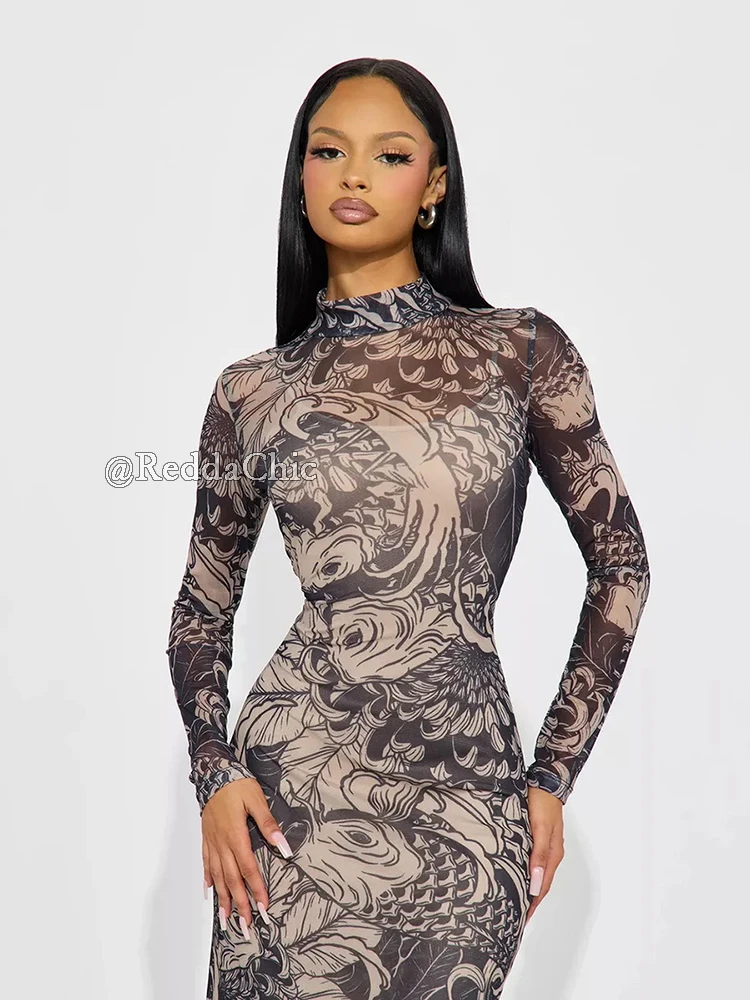 REDDACHiC โทเท็มรูปแบบชุดแม็กซี่สำหรับผู้หญิงแขนยาวคอเต่าตาข่ายยืดซีทรูบอดี้คอน Y2k ปาร์ตี้ชุดเทศกาล