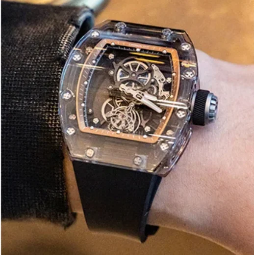 Reloj CRONUSART Tourbillon para hombre, caja de zafiro, reloj de pulsera mecánico Tonneau de 50mm, correa luminosa de goma fluorada, esfera con mecanismo al descubierto