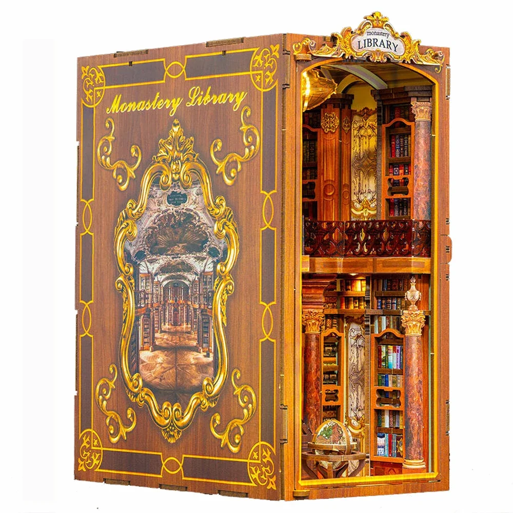 

Monastery Library Bookshelf Handmade Bookend DIY Wooden Book Nook Shelf Insert Miniature Model Kits for Friends Birthday Gifts