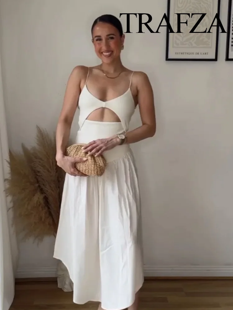 

TRAFZA 2025 Woman Summer New Fashion Backless V-Neck Opening Design Midi Sling Dress Female Solid Sleeveless Pleated Party Dress