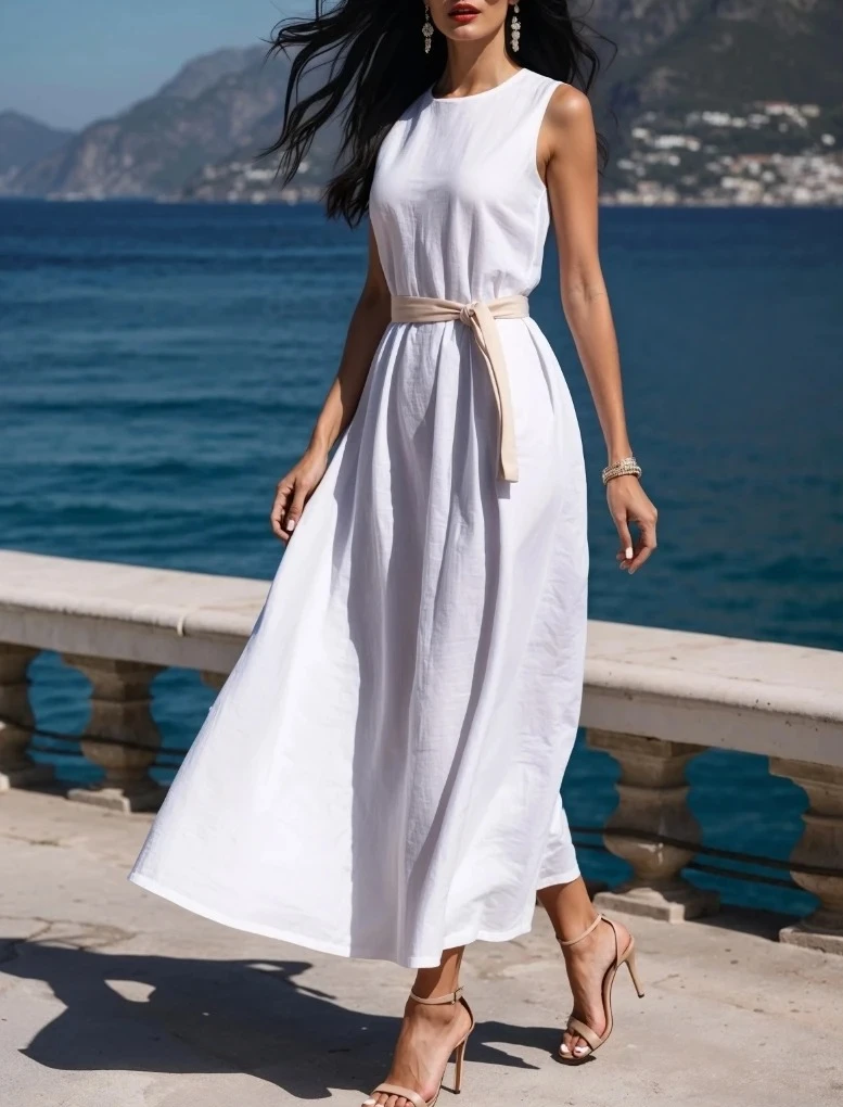 Women's White Loose Fit Summer Sleeveless Linen Midi Belted Waist Dress