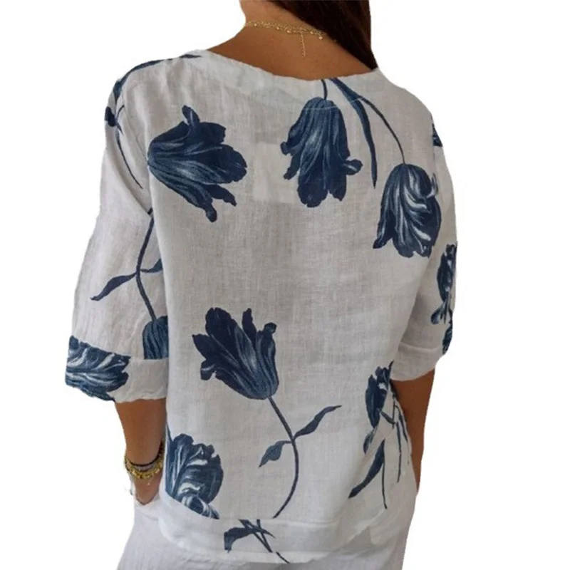 2024 new printed cotton linen shirt short sleeved pullover V-neck shirt spring/summer casual women's clothing