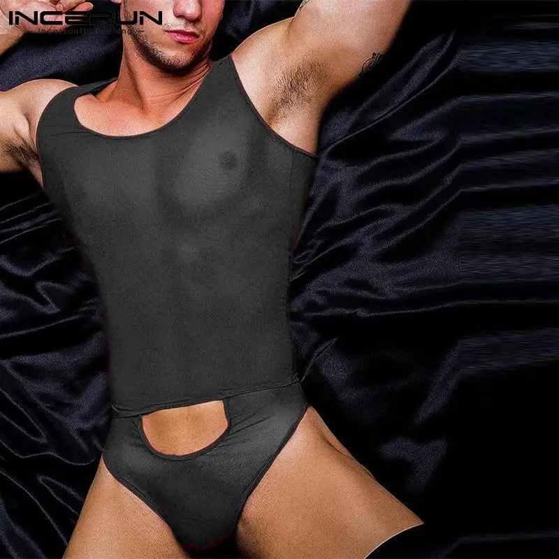 INCERUN 2023 Sexy Homewear New Men Rompers Hollowed Elastic Transparent Jumpsuits Fashionable Male Thin Triangle Bodysuits S-5XL