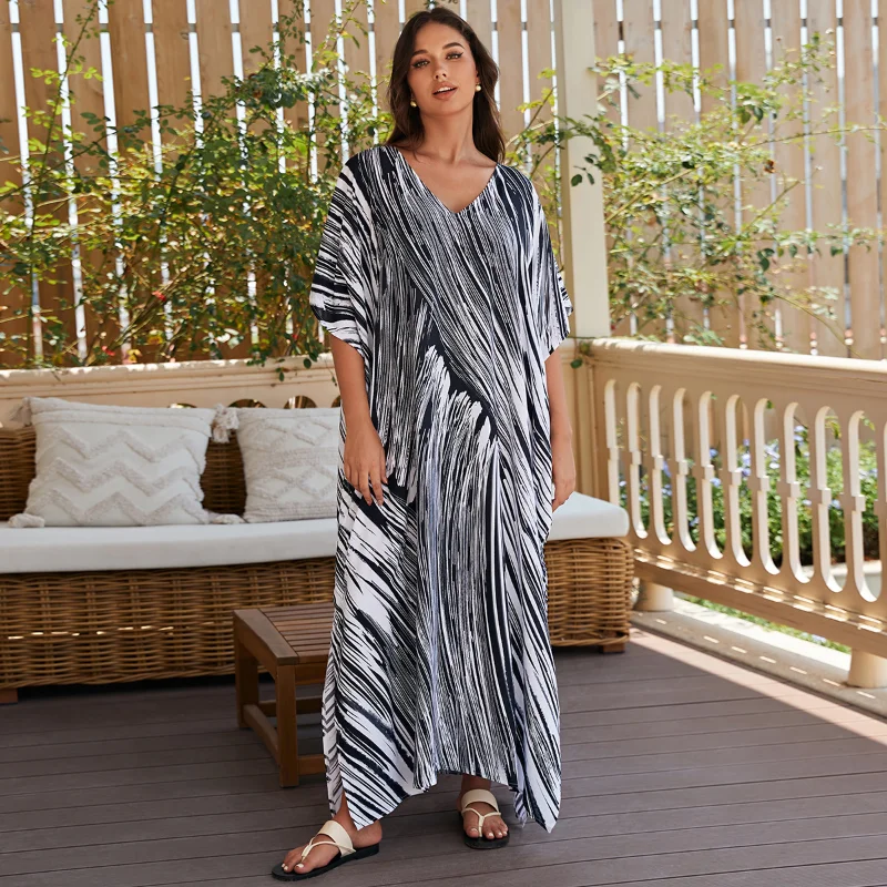 Plus Size Boho Cover Up abito allentato donna Summer Tie Dye Kaftan Print manica a pipistrello a righe con scollo a V Split Maxi Beachwear Dress