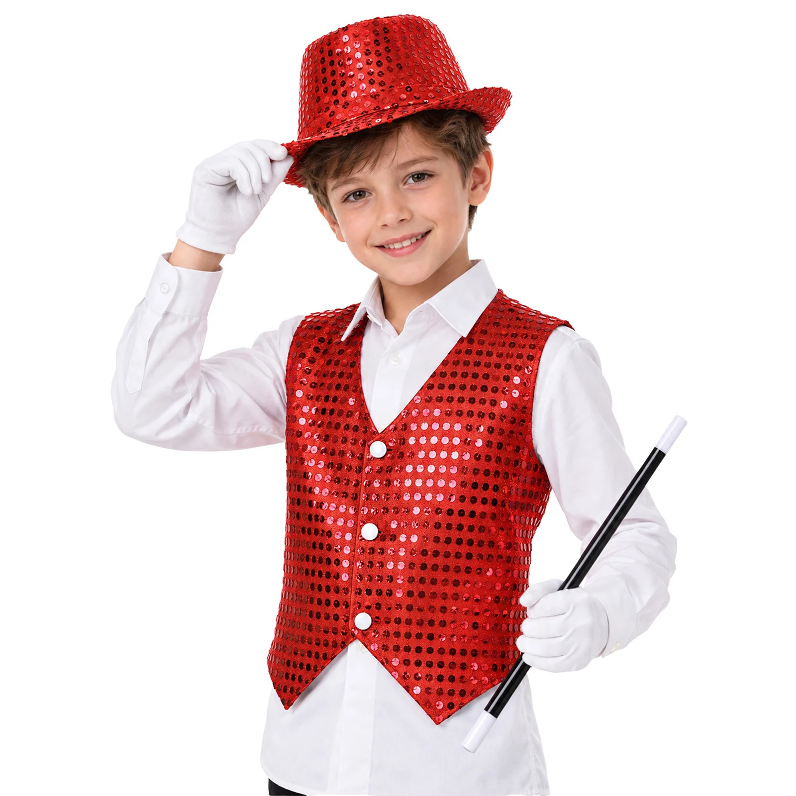Kids Boys Sequins Dance Costumes Shiny Vest with Hat Gloves And Wand Suit Hip-hop Jazz Dance Stage Performance Street Dance Wear