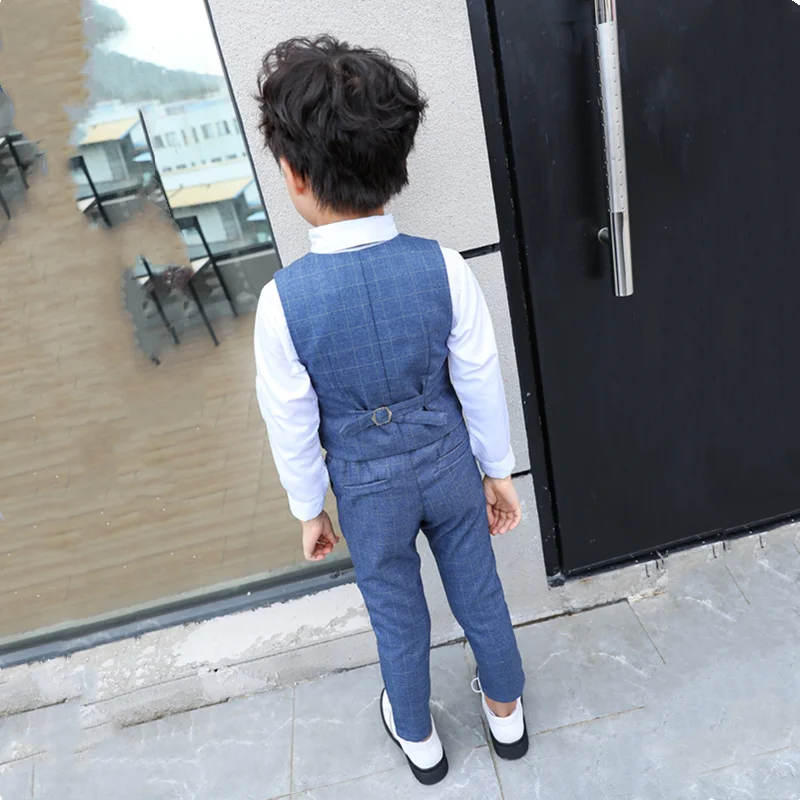 Blazer Kids Boy Plaid Vest Waistcoat Wedding Clothes Set Toddler Formal Dress Suit Child Brooch Shirt Pant Baby Gentlemen Outfit