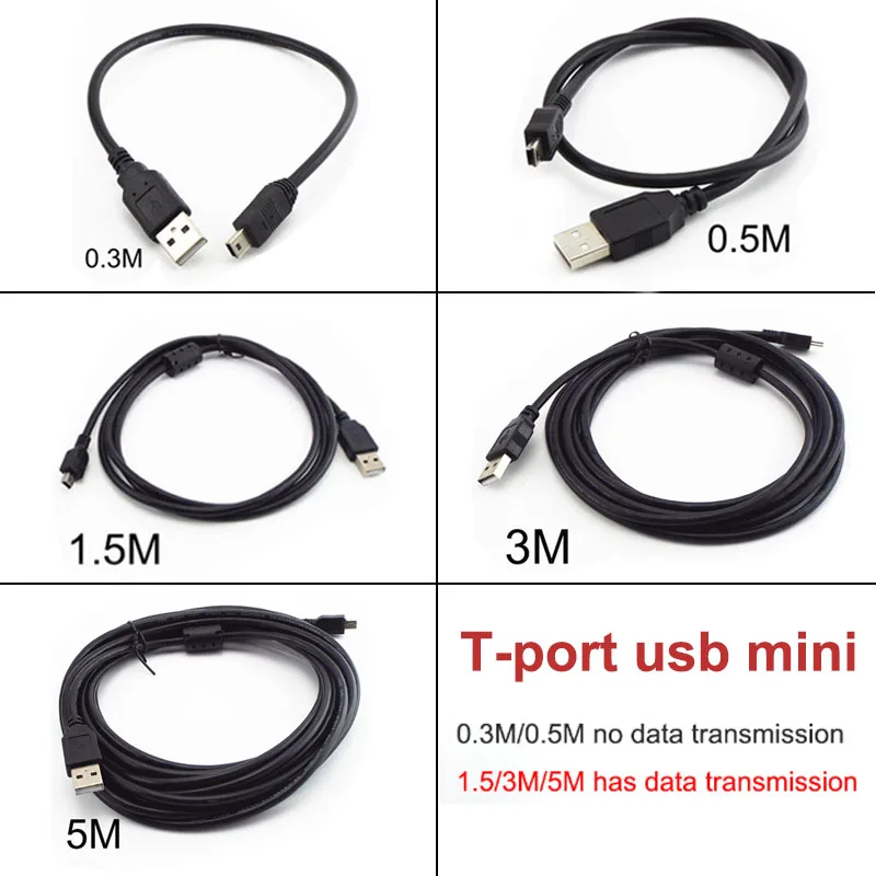 Mini USB Cable T-port mini USB Data Cable 0.3M 0.5M 1.5M 3M 5M USB To USB Fast Charger For MP3 MP4 Player DVR Digital Camera J17