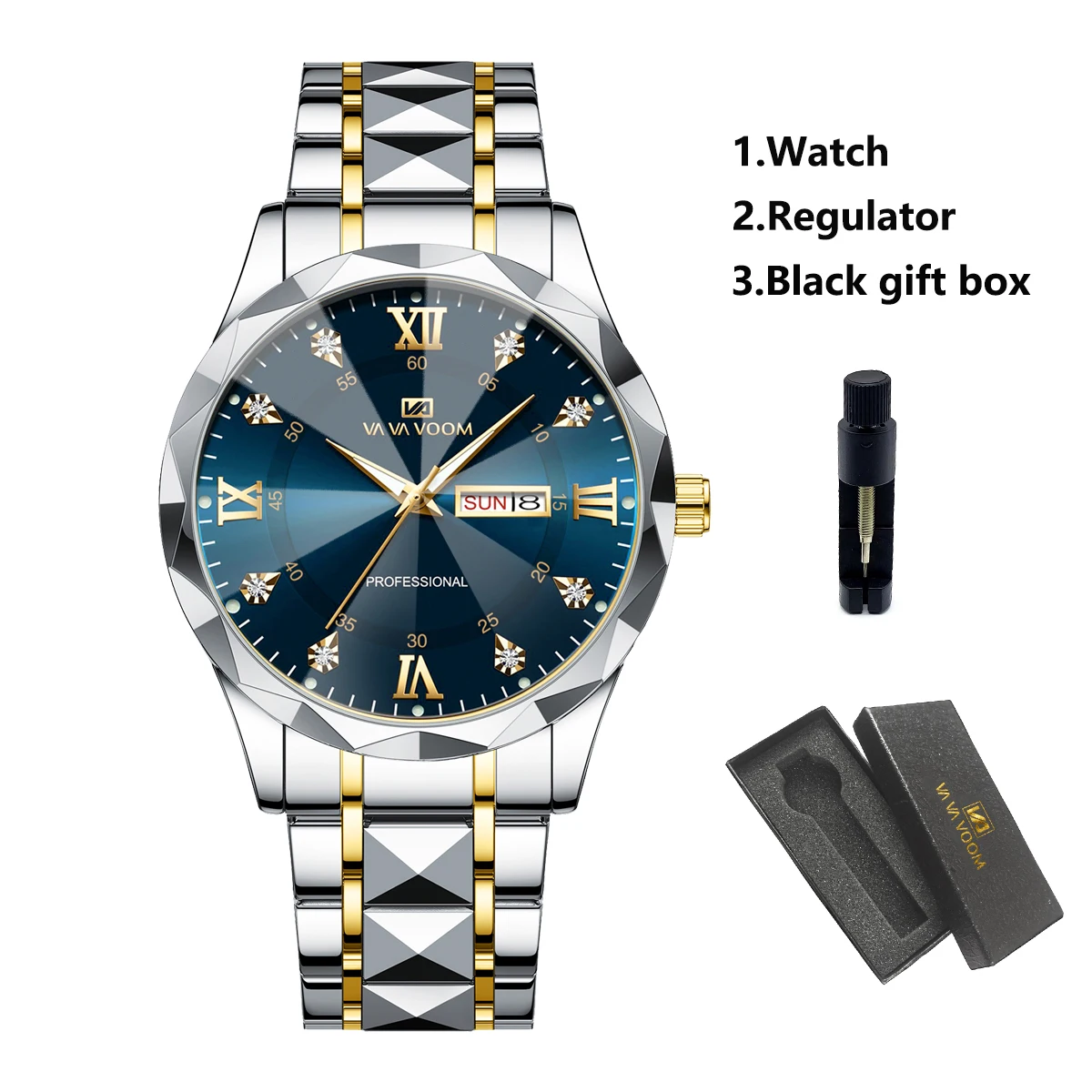 VA VA VOOM Brand Men Watch Rhinestone Luxury Week Quartz Movement 41mm Blue Gold Stainless Steel Fashion Business Watches Reloj