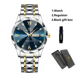 Orologio da uomo Water Diamond Luxury Night Glow Double Calendar movimento al quarzo 41mm Blue Gold orologio da lavoro di moda in acciaio inossidabile
