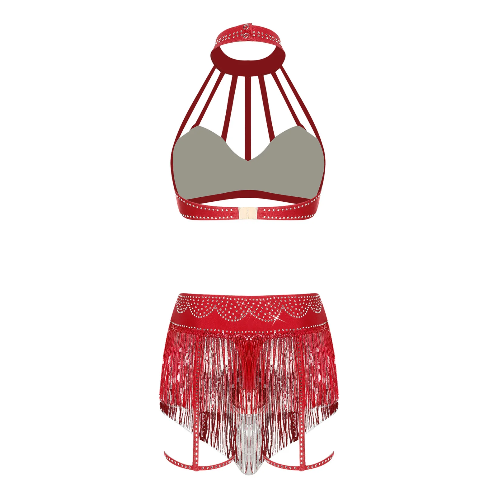 Womens Dazzling Belly Dance Costume Set with Cage Crop Top And Sequin Tassel Briefs Skirt with Garter Bands for Club Events