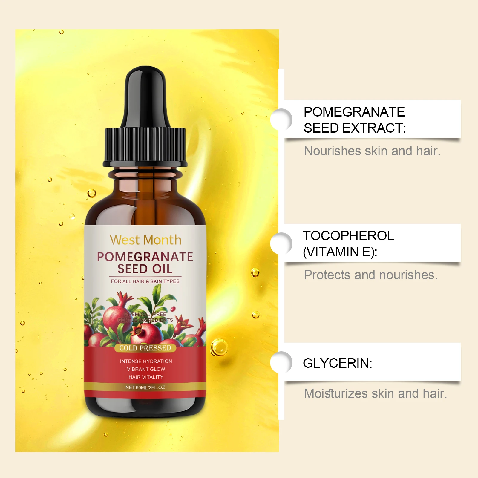 Immagine 4: West Month 60ml Olio essenziale idratante ai semi di melograno Olio essenziale idratante delicato e idratante per la cura della pelle del corpo