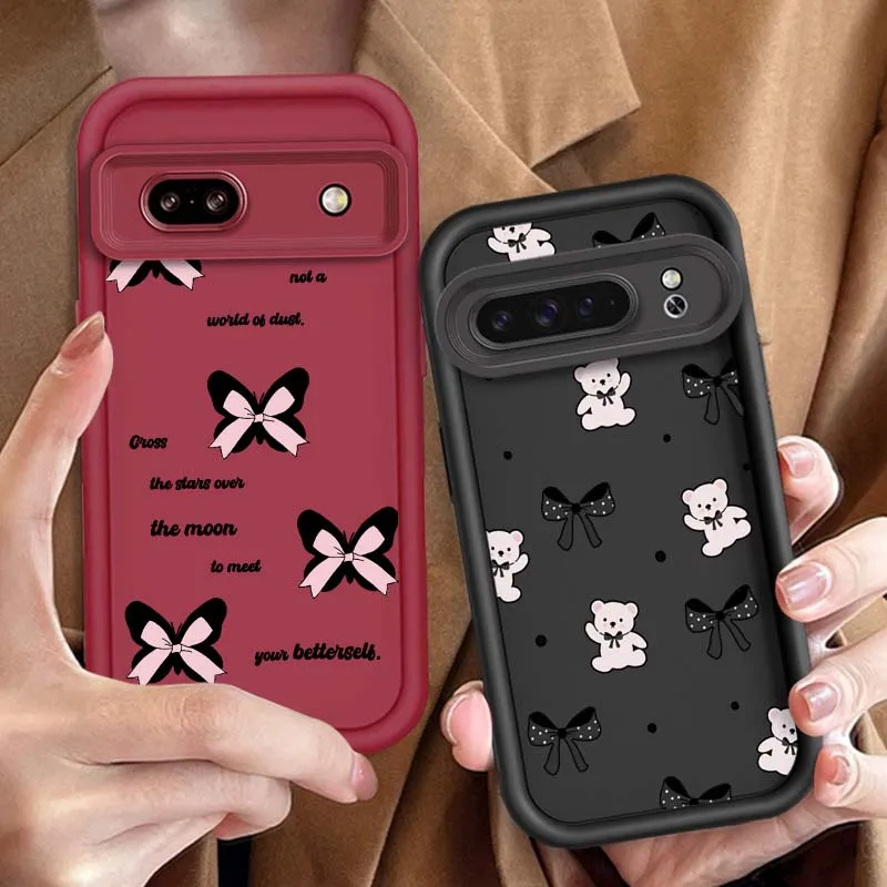

Bow Bear Love Dark Pink For Google Pixel 9 8A 8 7 7A Pro XL 5G Eye Ladder Soft TPU Shockproof Cover Phone Case