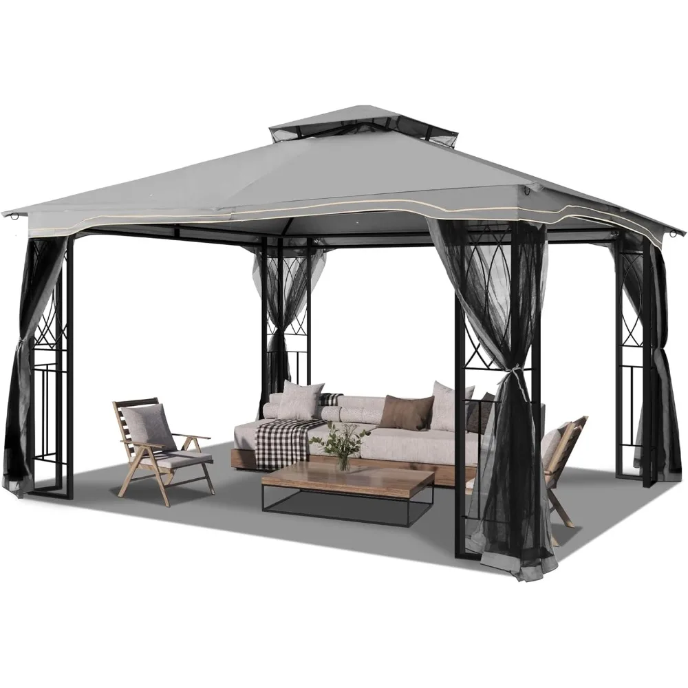 

11'x13' Outdoor Patio Gazebo - Porch Gazebo with Polyester Roof & Breathable Netting, Best for Garden, Lawn, Backyard Deck (Grey