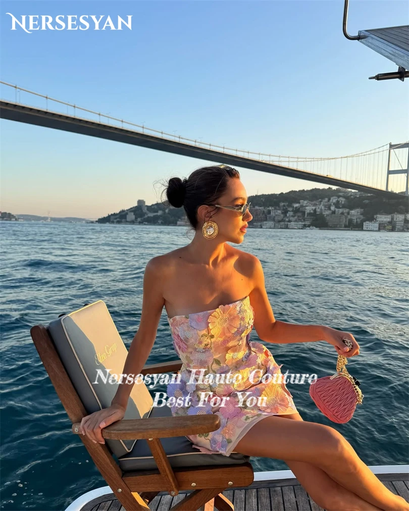 Nersesyan Boho Lace Prom Dresses Strapless Mini Appliques Cut Out A Line Party Gowns Backless 2025 Summer Guest Dress Customized