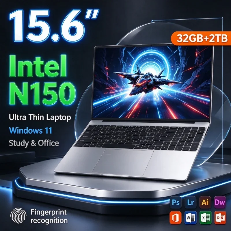 Intel N150 15.6'' Notebook Computer 32GB RAM 1TB/2TB SSD Windows 11 Fingerprint Unlock Portable Lightweight Office Gaming Laptop