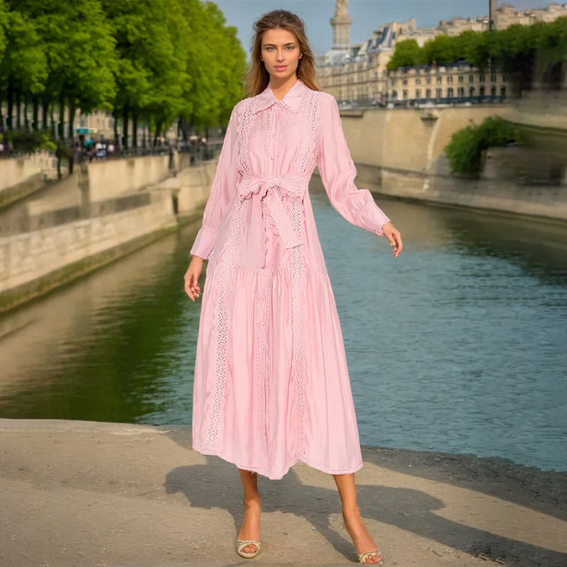 

French elegant new lapel lace hollow single-breasted strap high-waisted dress fashionable simple temperament versatile high-end