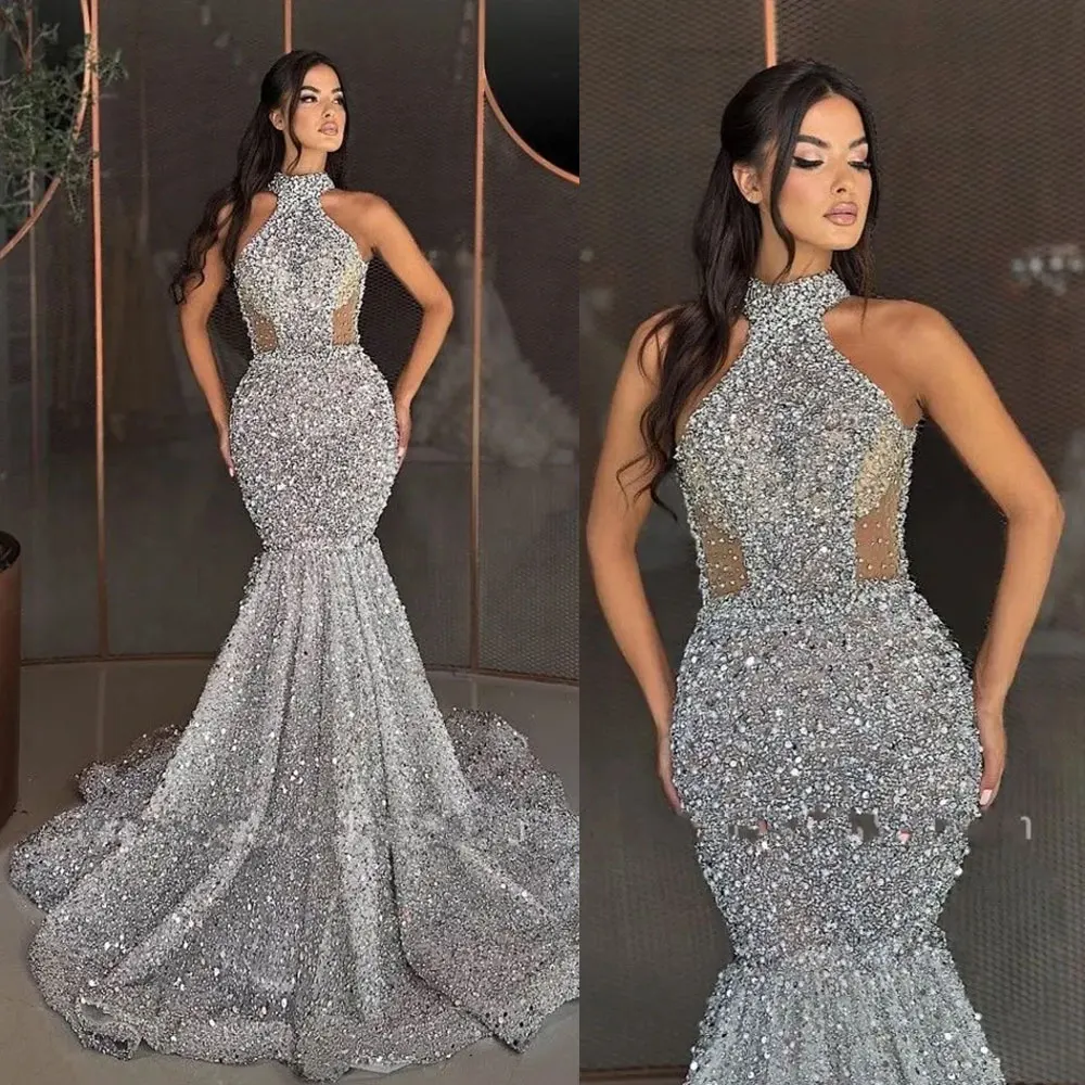 Luxury Silver Beading Evening Dresses for Women Sequins Mermaid Prom Gowns Halter Neck Sleeveless Formal Occasion Sexy Robe 2024